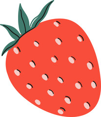 A red cartoon strawberry with green leaves and white seeds