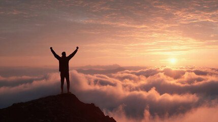Man with arms raised in the sky winner success concept.