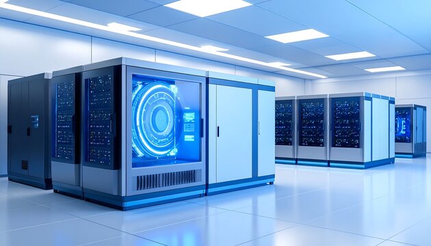 Futuristic server room with glowing technology - Powered by Adobe