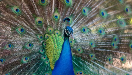Obraz premium Majestic Peacock Displaying Brilliant Plumage with Intricate Eye Spots, A Male Peacock Showcasing Its Elaborate Fan of Feathers to Attract a Mate