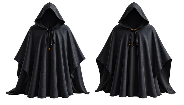 Two dark hooded capes displayed