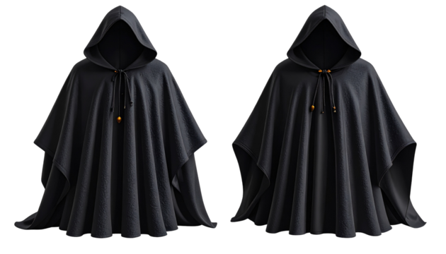 Two dark hooded capes displayed
