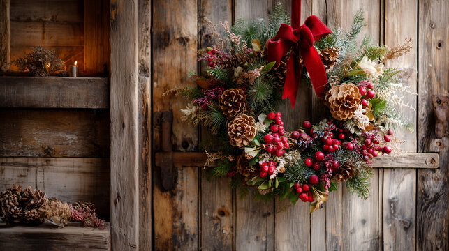 Christmas Wreath on Wooden Door