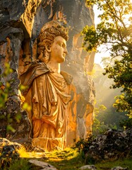 Carved statue in a rock face, golden light