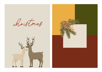 Merry Christmas! Happy New Year! A pre-made background in deep traditional shades with a New Year's holiday theme and handwritten greetings. Flat digital illustration in a modern style.