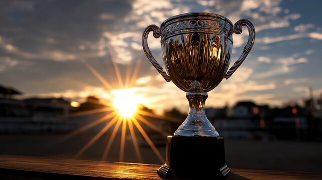 A polished trophy shines against a sunset backdrop, symbolizing achievement and victory in sports