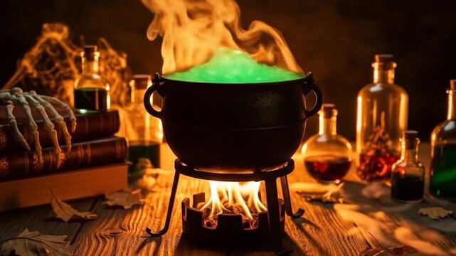 Green potion brewing still life composition halloween concept
