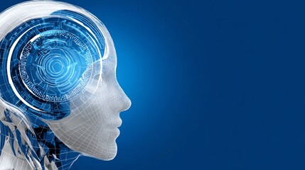 This image showcases a futuristic representation of artificial intelligence, featuring a human-like profile intertwined with digital circuits, symbolizing innovation and technology