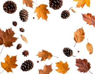 Autumnal border of leaves and pine cones