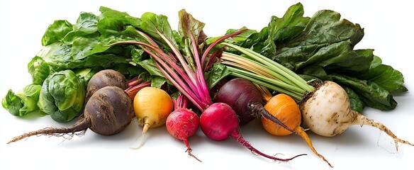 A vibrant display of fresh, colorful vegetables including beets, radishes, and leafy greens. Perfect for promoting healthy eating, cooking, or organic farming concepts.