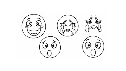 Assortment of simple circular emoji icons depicting crying and surprised emotions for digital.