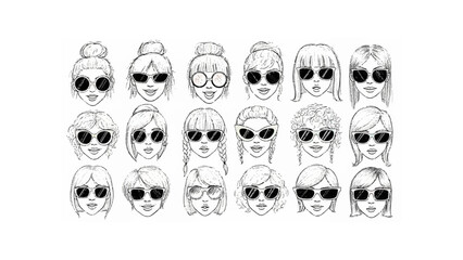 Collection of sketched female faces with various hairstyles and sunglasses in black and white style