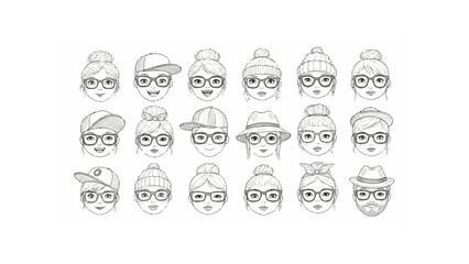 Collection of sketched faces wearing glasses and various hats and hairstyles in a grid pattern design