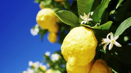 Lemon Tree in Bloom Against Blue Sky
