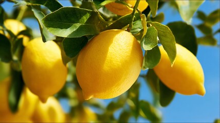 Lemon Tree in Bloom Against Blue Sky