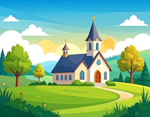 Naklejka premium Church nestled in a valley landscape at sunrise