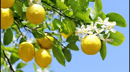 Lemon Tree in Bloom Against Blue Sky