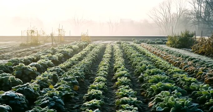 Frosty Morning over Cultivated Land, Rows of Vegetables Covered in Winter Frost