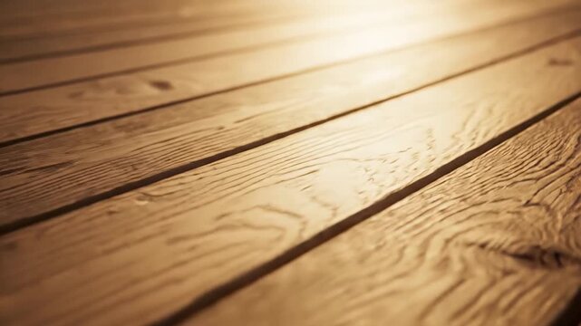 The gentle, golden light dances on the wooden floor, creating a cozy and inviting atmosphere. The camera sweeps across the textured planks, illuminating their rustic charm with a warm glow