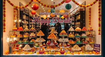 A cake or pastry shop decorated for Diwali, festive window display, sweets shaped as diyas.