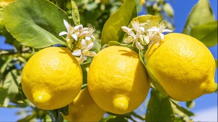 Lemon Tree in Bloom Against Blue Sky