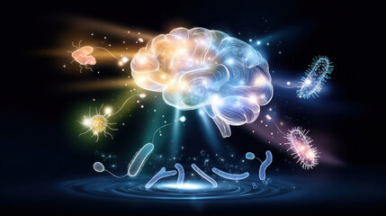 Digital illustration of a human brain surrounded by bacteria and microbes, showcasing the connection between cognition and microorganisms