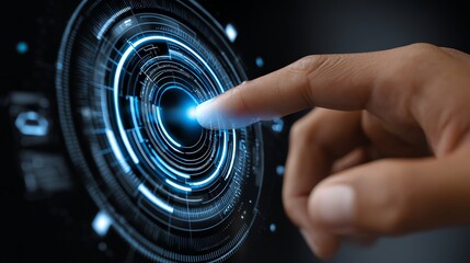 A close-up of a hand touching a futuristic touchscreen interface, illustrating advanced technology and digital interaction
