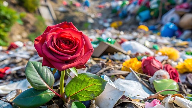 Red Rose Growing in a Landfill Symbolizing Hope Amidst Environmental Pollution and Waste
