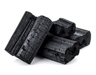 Dark charcoal briquettes stacked on white background