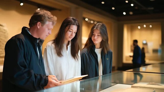 An intern guides tourists in a historical museum with artifacts displayed guidebooks in hand velvet ropes guiding paths and visitors snapping photos captured in a cultural phot