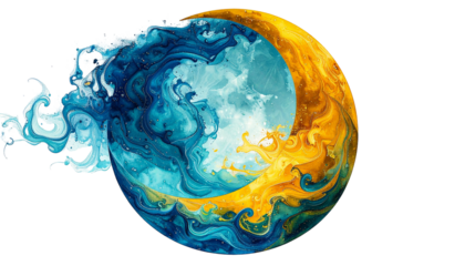 Abstract celestial sphere, split into contrasting water and fire