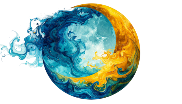 Abstract celestial sphere, split into contrasting water and fire