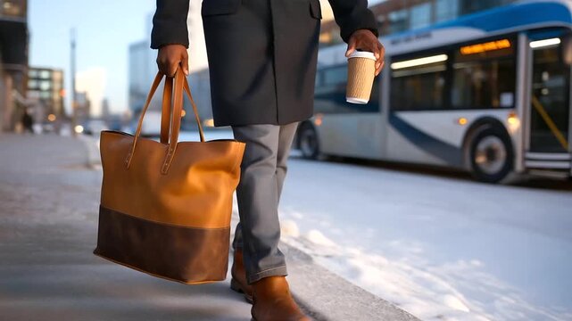 A commuter bundled in urban winter activities trudges through snow on a city sidewalk its concrete cracked. A leather briefcase its straps frayed swings heavily and a paper