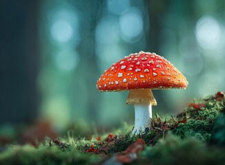 Vibrant red mushroom thrives in a mystical forest setting, casting enchanting shadows, a breathtaking natural backdrop for fantasy or nature themes.