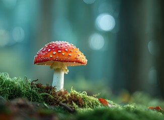 Vibrant red mushroom glows enchantingly in a lush forest, creating a magical, mystical atmosphere perfect for fantasy or nature-themed projects.