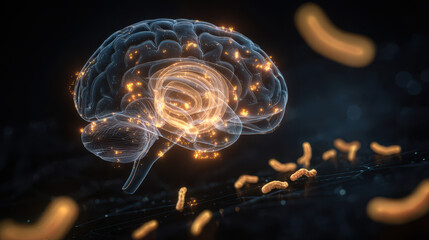 Abstract visualization of a brain with glowing neural connections and bacteria, representing the intersection of neuroscience and microbiome