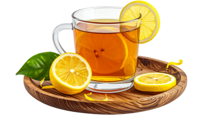 Glass cup of tea with lemon slices