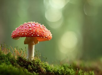 Enchanting red mushroom glows vibrantly in a mystical forest, creating a stunning, magical backdrop for fantasy or nature themes, inviting wonder and discovery.