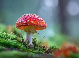 Vibrant red mushroom thrives amidst a lush green forest floor, bathed in soft, natural light, creating a magical, enchanting woodland backdrop for nature lovers and fantasy themes.