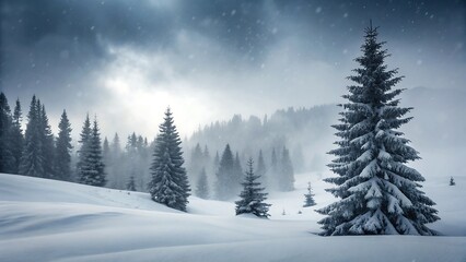 Obraz premium Snowy pine tree forest landscape with fog and dramatic cloudy winter sky 