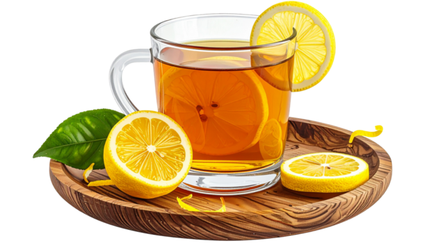 Glass cup of tea with lemon slices