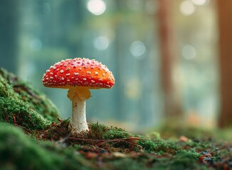 Enchanting red mushroom thrives in a mystical, sun-dappled forest, creating a stunning, vibrant backdrop for nature-themed projects and magical storytelling.