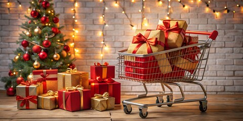 Online Holiday Shopping Concept with Gift Boxes in Miniature Cart on Laptop Keyboard