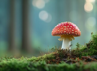 Enchanting red mushroom thrives in a lush forest, bathed in soft light, creating a magical, natural background perfect for fantasy themes and nature scenes.