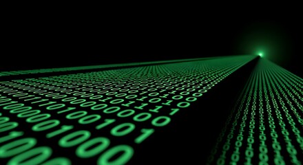 Digital binary code data stream leading to a bright light in the dark.