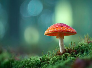 Vibrant red mushroom thrives in a lush, sun-dappled forest, creating a stunning, magical natural backdrop perfect for fantasy or nature themes.
