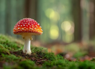 Vibrant red mushroom thrives amidst a lush, sun-dappled forest floor, creating a stunning, magical natural backdrop for nature enthusiasts and fantasy lovers seeking enchanting visuals.