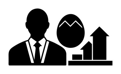 Fototapeta premium Vector art of silhouette of a businessman in a suit next to a cracked egg and a bar graph showing upward growth, representing investment and new beginnings