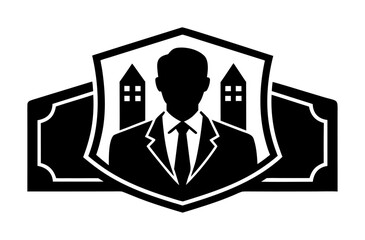 Vector art of silhouette of a businessman in a suit and tie, standing in front of a shield emblem with buildings behind him, representing corporate identity, success, and professionalism