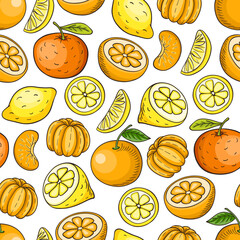 A repeating pattern of stylized oranges lemons and tangerines